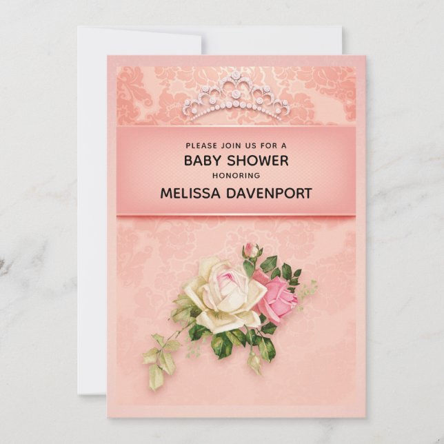 Convites Chuva floral rosa com Tiara de Diamante Chá de Beb (Frente)