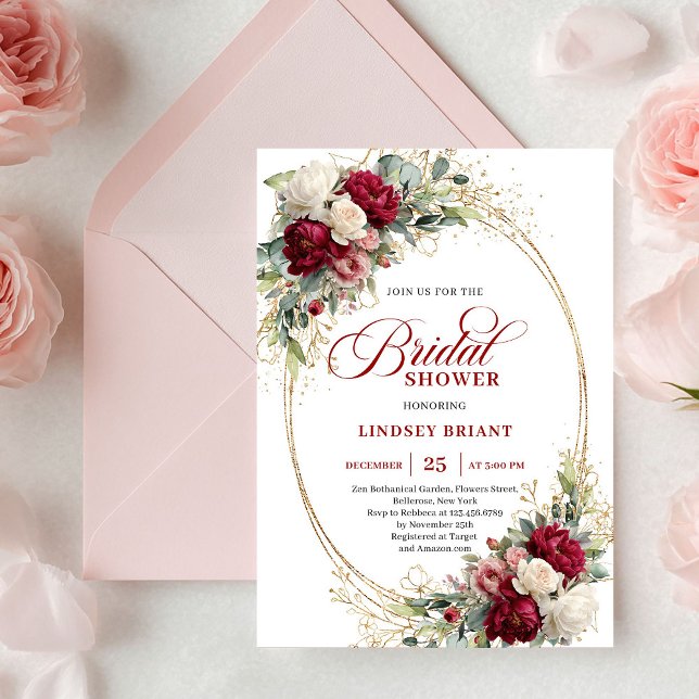 Convites Chuva Floral Vermelha Boêmia Atemporal Dourada (Timeless Bohemian Red White Floral Gold Shower)