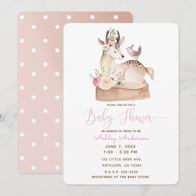 Convites Chuva Floresta Deer & Bird Baby Shower Aquarela (Frente/Verso)