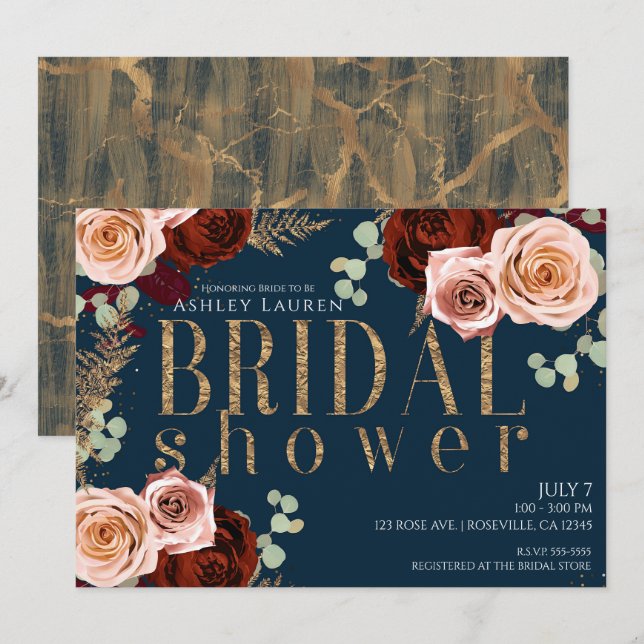 Convites Chuva Glam Azul Escuro Dourado Rosa Flores Bridal  (Frente/Verso)