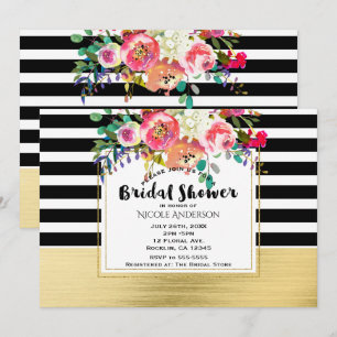 Convites Chuva Nupcial Glam Floral Moderna Dourada Preta e 