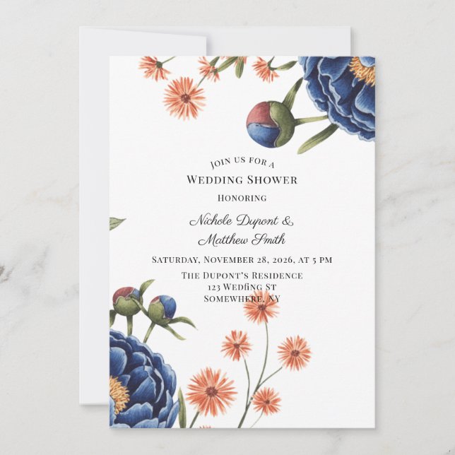 Convites Chuva Nupcial Naval e Laranja Queimada Floral (Frente)