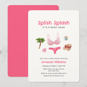 Convites Chuva Rosa Splash Festa na Praia Bebê Menina Chá d