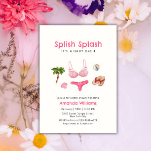 Convites Chuva Rosa Splash Festa na Praia Bebê Menina Chá d