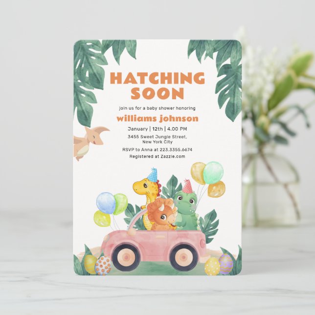 Convites Chuva Tropical de Dinossauros Baby Shower (Em pé/Frente)