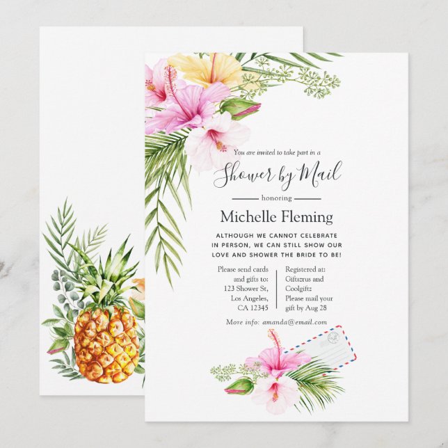 Convites Chuva Tropical Floral de Casamento ou Chá de Bebê  (Frente/Verso)