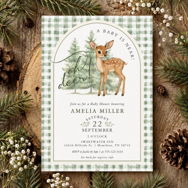 Convites Chuva Verde Oh Deer Festa de Noivado Neutra em Gên (Green Gingham Oh Deer Gender Neutral Bridal Shower Invitation)