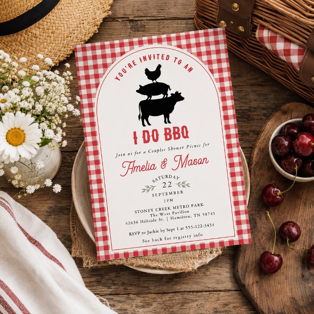 Convites Chuva Vermelha Eu Faço Churrasco Casal Chá de Noiv (Red Gingham I Do BBQ Couples Bridal Shower Invitation)