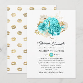 Convites Chuva Virtual Floral Aqua Azul e Dourado
