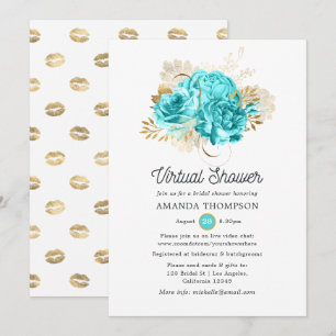 Convites Chuva Virtual Floral Aqua Azul e Dourado