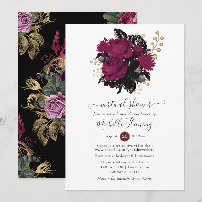 Convites Chuva Virtual Floral Marsala e Dourado (Frente/Verso)