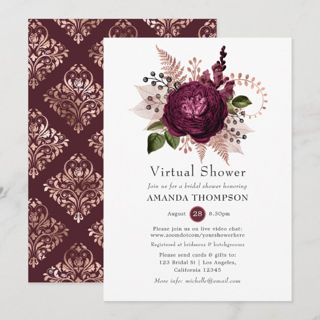Convites Chuva Virtual Floral Marsala e Dourado Rosa (Frente/Verso)