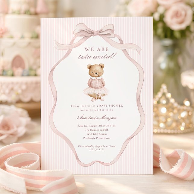 Convites Chuveirinho Animado Rosa Coquette Urso de Pelúcia  (Tutu Excited Pink Coquette Teddy Bear Baby Shower Invitation 
)