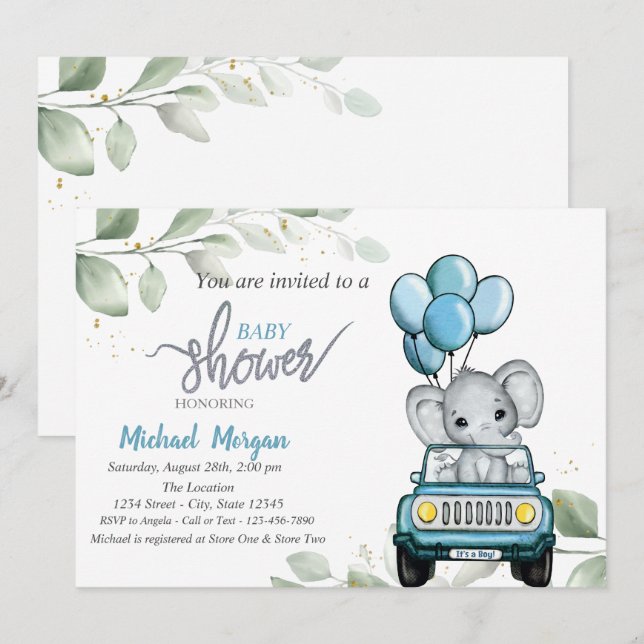 Convites Chuveirinho de Bebê Elefante Fofo, Carro, Balões,  (Frente/Verso)