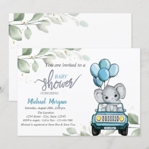 Convites Chuveirinho de Bebê Elefante Fofo, Carro, Balões, 