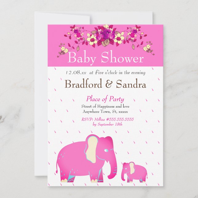 Convites Chuveirinho de Bebê Simples Chic Elefante Floral R (Frente)