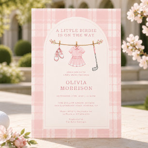 Convites Chuveirinho de Bebê Xadrez Rosa Little Birdie Golf