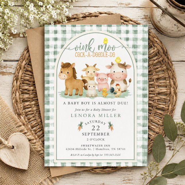 Convites Chuveirinho Moo Xadrez Verde Churrasco de Bebê de  (Oink Moo Green Gingham Farm Animal Baby Shower Invitation)