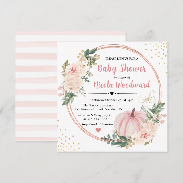 Convites Chuveiro de Bebê Abóbora Floral Rosa e Creme (Frente/Verso)