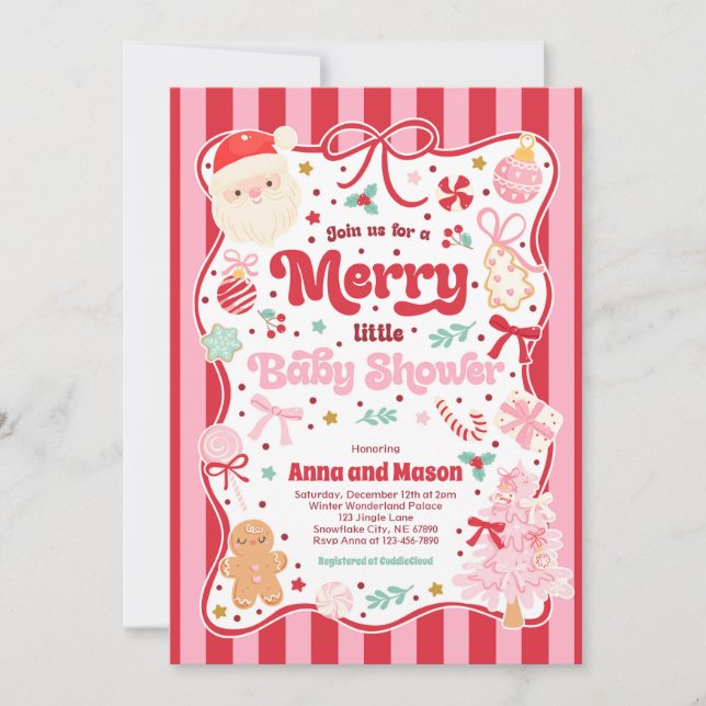 Convites Chuveiro de Bebê Alegre Pequeno Natal Coquette Bow (Frente)