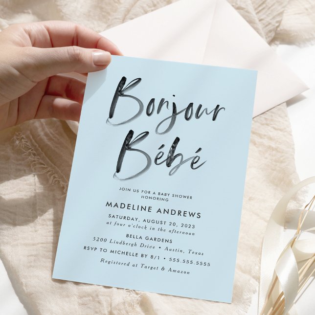 Convites Chuveiro de Bebê Azul Bonjour Bebe Francês (Criador carregado)