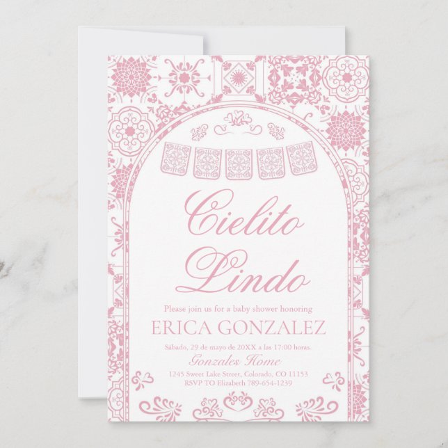 Convites Chuveiro de Bebê Blush Rosa Cielito Lindo Papel Pi (Frente)