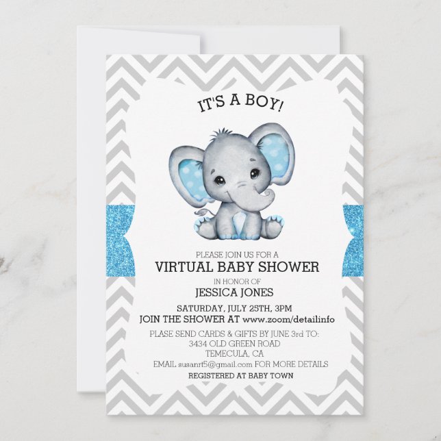 Convites Chuveiro de Bebê Brilho Azul Virtual Elefante Chev (Frente)