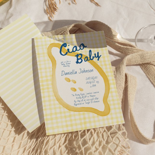Convites Chuveiro de Bebê Ciao Xadrez de Limão (Whimsical Ciao Baby Lemon Baby Shower Invite)