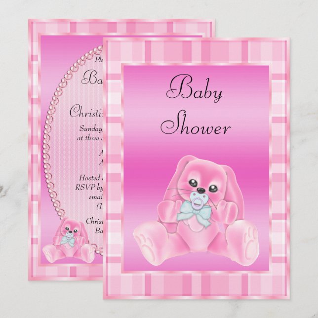 Convites Chuveiro de Bebê Coelhinho de Orelhas Caídas Rosa  (Frente/Verso)
