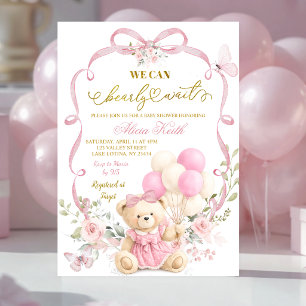 Convites Chuveiro de Bebê Coquette Urso com Laço Floral Ros