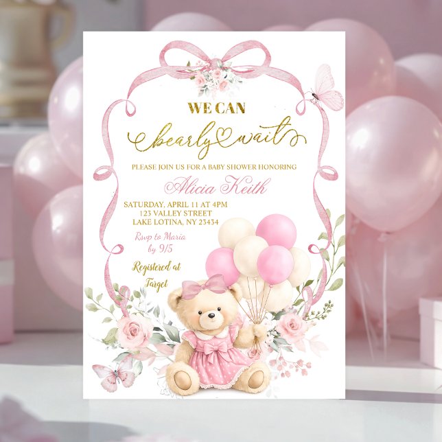Convites Chuveiro de Bebê Coquette Urso com Laço Floral Ros (Criador carregado)