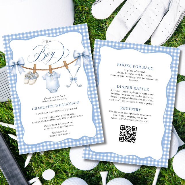 Convites Chuveiro de Bebê de Golfe Tudo em Um Azul (All In One Golf Blue Clothesline Baby Shower Invitation)