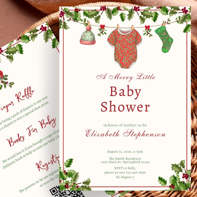 Convites Chuveiro de Bebê de Natal Holly Dupla Face Fofa (Criador carregado)