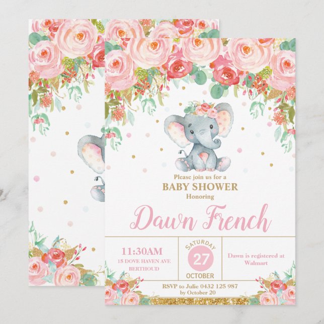 Convites Chuveiro de Bebê Elefante Floral Rosa Fofa Bebê Me (Frente/Verso)