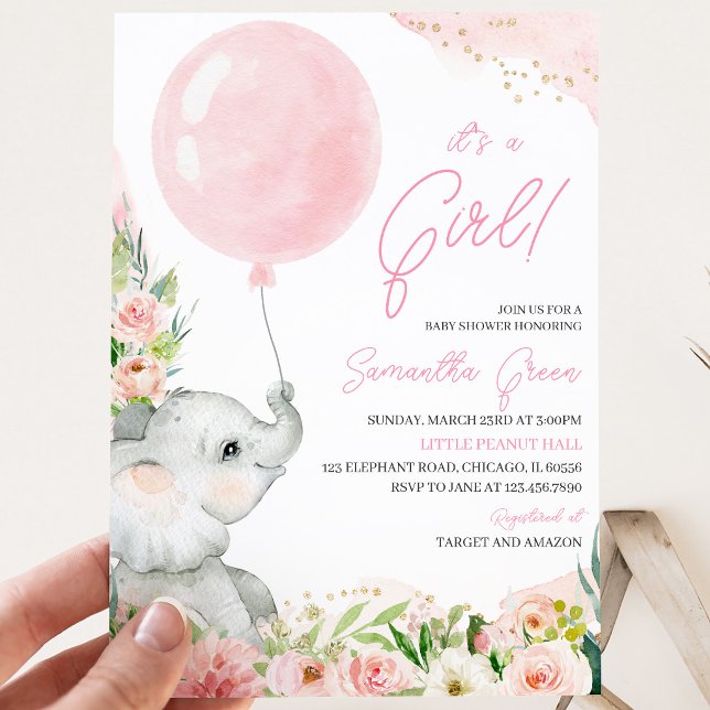 Convites  Chuveiro de Bebê Elefante Floral Rosa Menina (Criador carregado)