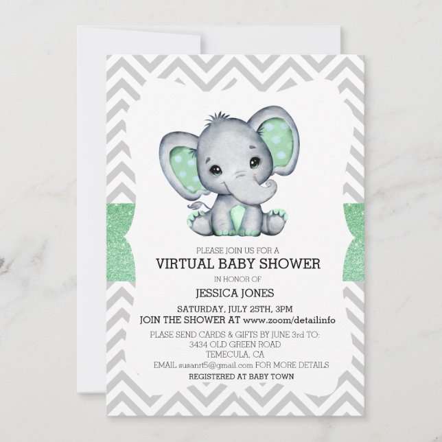 Convites Chuveiro de Bebê Elefante Verde Virtual com Glitte (Frente)