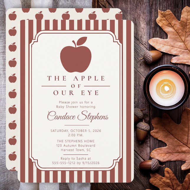 Convites Chuveiro de Bebê Elegante A Maçã dos Nossos Olhos (Elegant apple orchard baby shower invitation with burgundy stripes and timeless stationery styling.)
