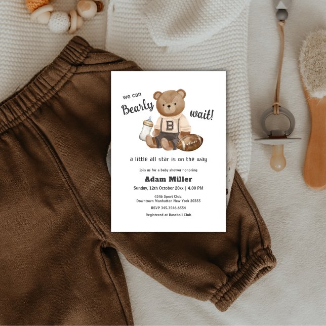 Convites Chuveiro de Bebê Esporte Futebol Menino Mal Podemo (Bearly Wait Football Sport Boy Baby Shower Invitation)