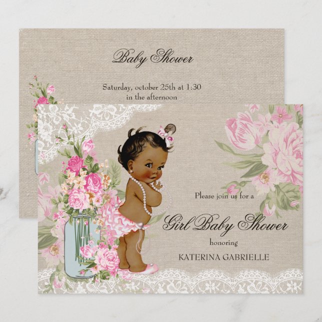 Convites Chuveiro de Bebê Étnico Bonito Shabby Chic Renda F (Frente/Verso)