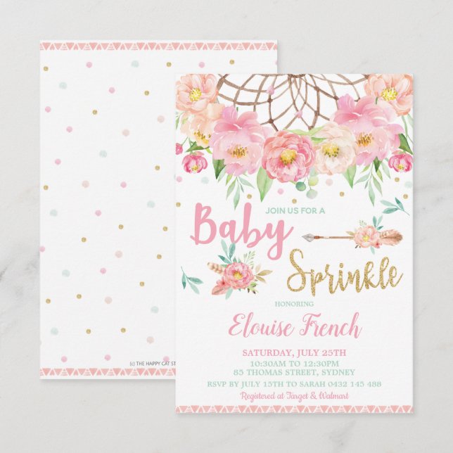 Convites Chuveiro de Bebê Floral Boho Sprinkle Dream Catche (Frente/Verso)