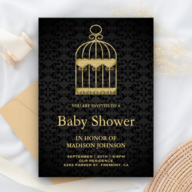 Convites Chuveiro de Bebê Gaiola de Pássaro Dourada Shabby  (Criador carregado)
