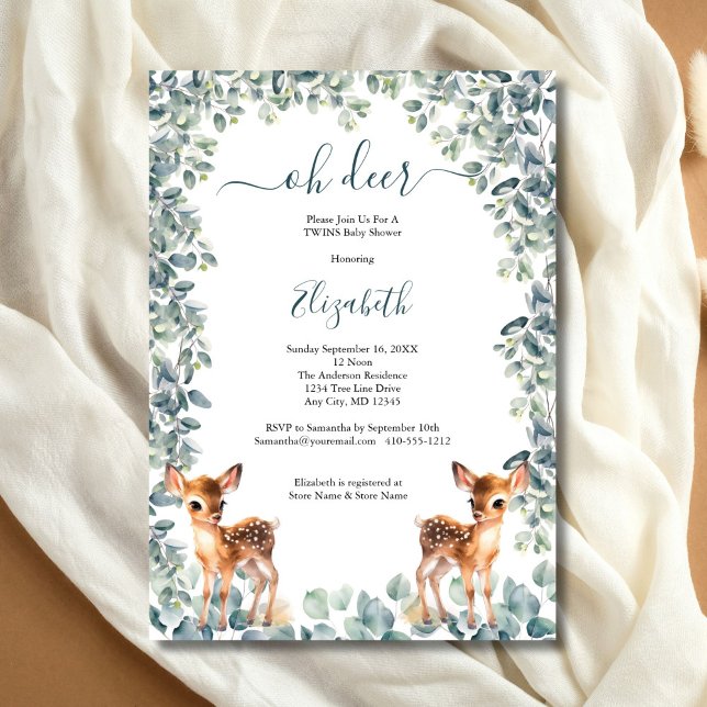 Convites Chuveiro de Bebê Gêmeos Oh Deer Neutro (Oh Deer Twins Baby Shower Invitation, Eucalyptus Greenery, Baby Deer, Printed Digital Download)