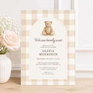Convites Chuveiro de Bebê Gingham Urso Aguardo Gênero Neutr