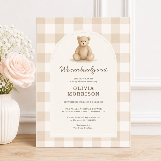 Convites Chuveiro de Bebê Gingham Urso Aguardo Gênero Neutr (Criador carregado)