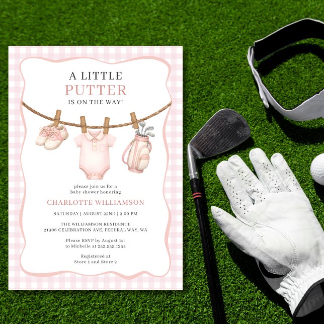 Convites Chuveiro de Bebê Little Putter Pink Golf Roupas (Little Putter Pink Golf Clothesline Baby Shower Invitation)