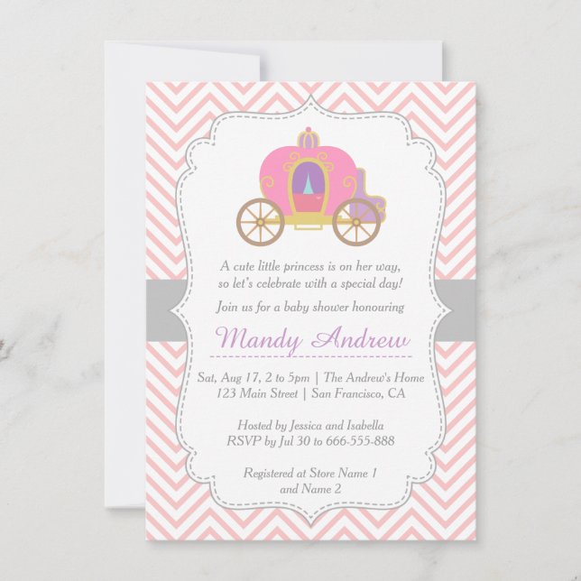 Convites Chuveiro de Bebê Menina, Carruagem de Princesa, Ch (Frente)
