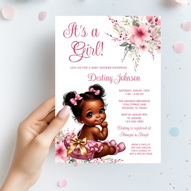 Convites Chuveiro de Bebê Menina com Calça de Babado e Cabe (Pink gold afro puff baby girl with pink and gold ruffle pants and wildflowers. So cute!)