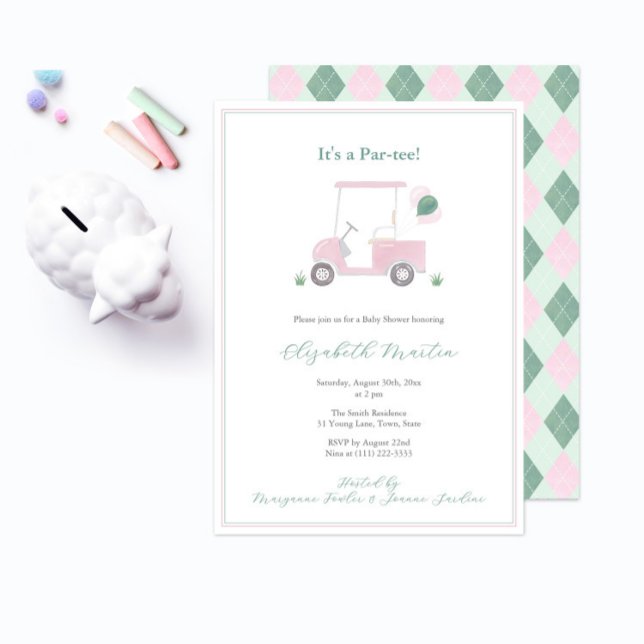 Convites Chuveiro de Bebê Menina com Carrinho de Golfe Rosa (It's a baby shower par-tee! Pink and Green golf cart baby shower invitation to welcome a little girl)