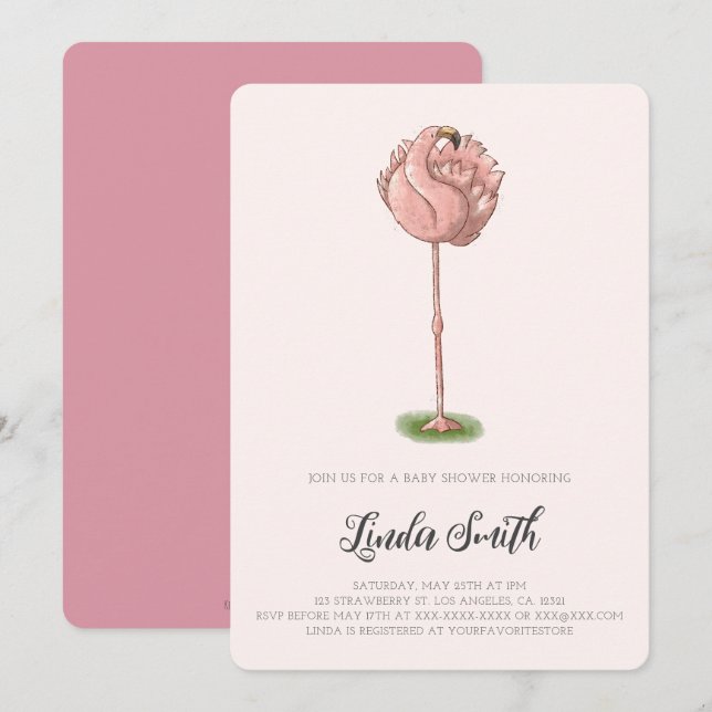 Convites Chuveiro de Bebê Menina Flamingo Rosa Fofa (Frente/Verso)