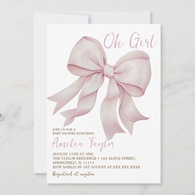 Convites Chuveiro de Bebê Menina Laço Rosa Elegante (Frente)